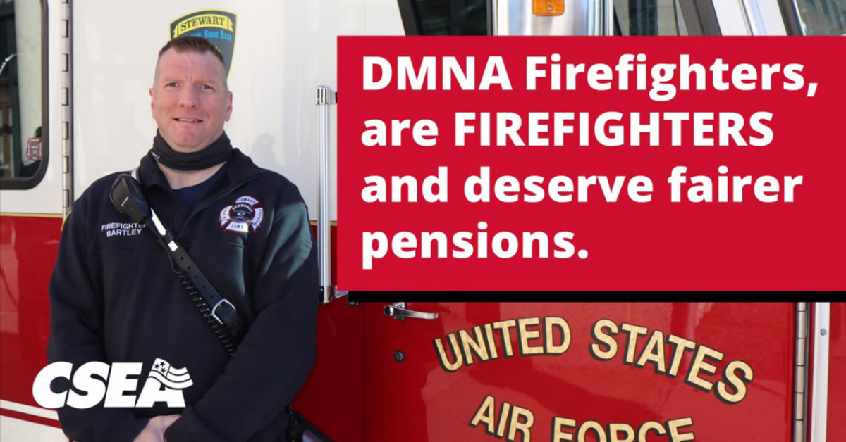 image of firefighter with text "DMNA firefighters are firefighters and deserve fairer pensions.