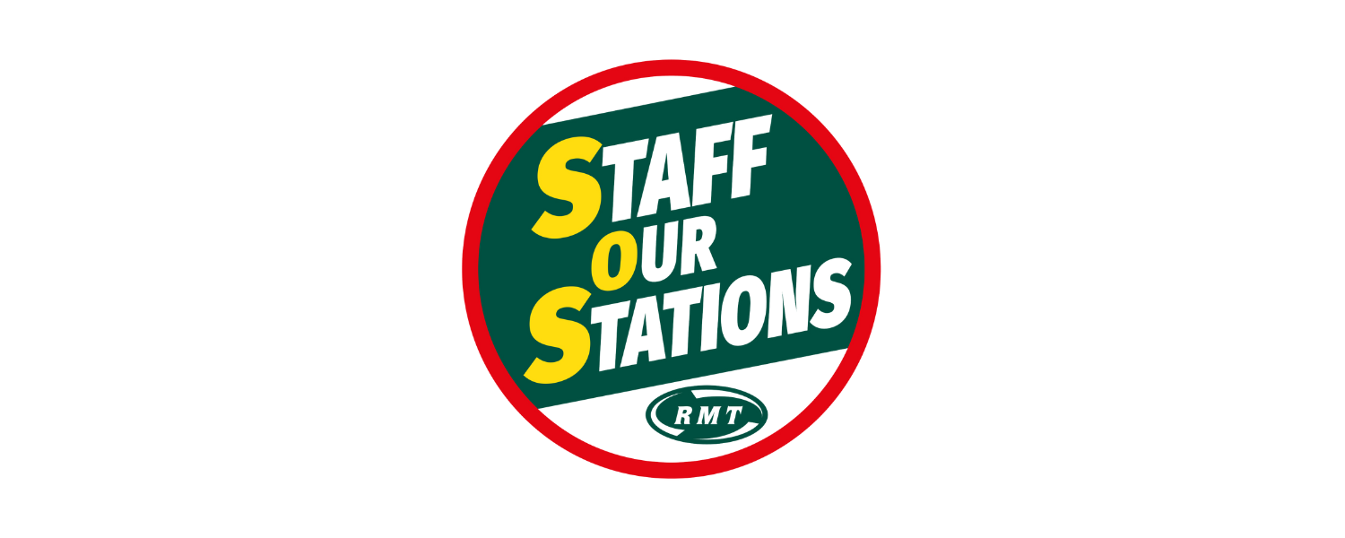 Roundel logo with white text on a green background that reads 'Staff Our Stations'.