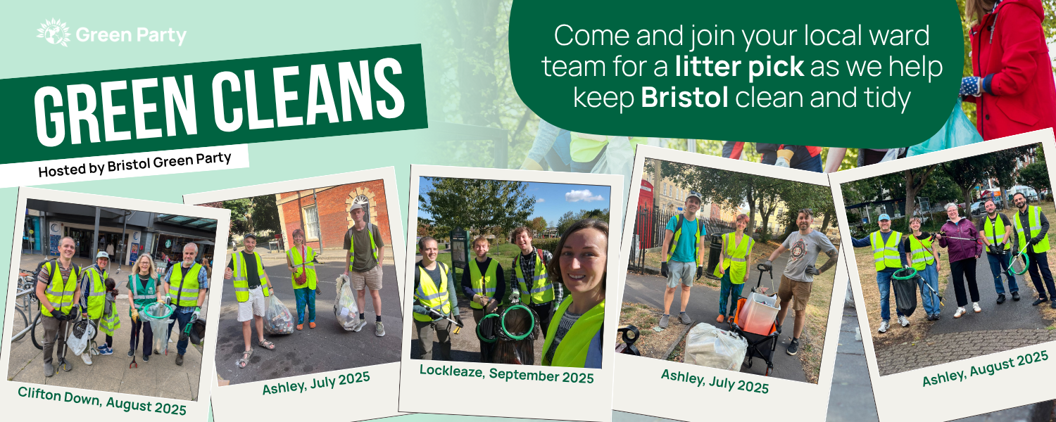 Green Cleans Banner with photos of volunteers after a successful litter pick across the city