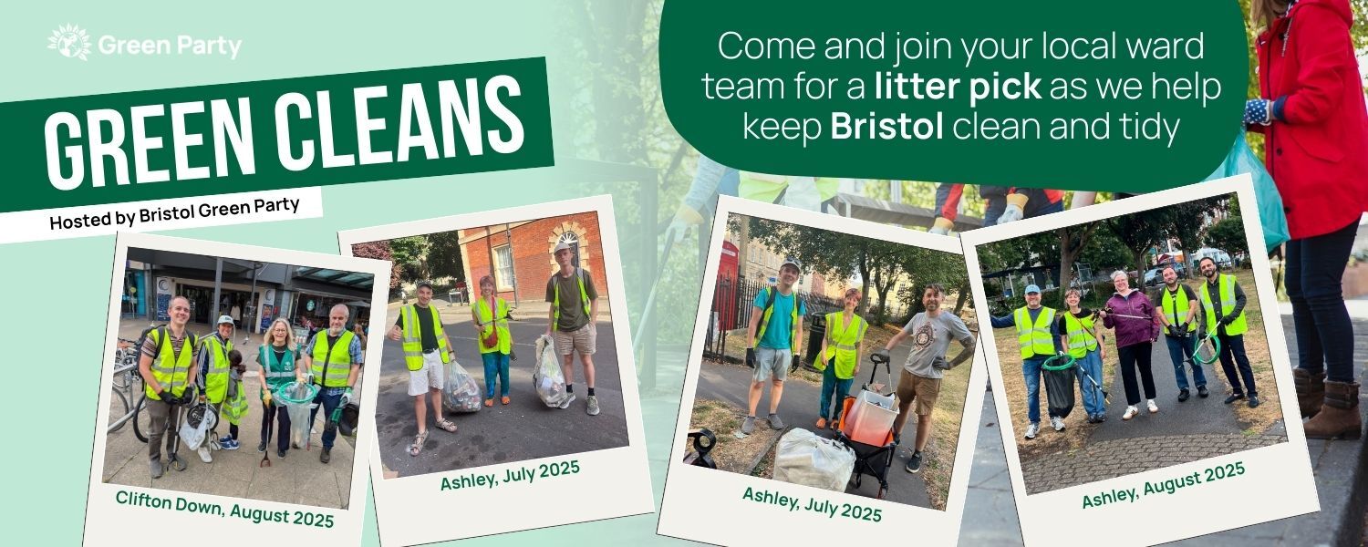 Green Cleans Banner with photos of volunteers after a successful litter pick across the city