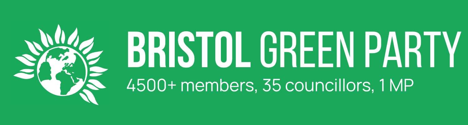 Bristol Green Party logo with the text: 4500+ members, 35 councillors, 1 MP