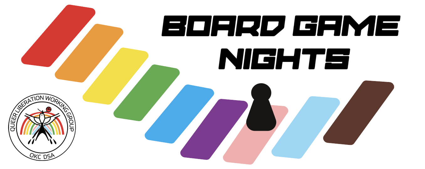 A stylized game board path in the colors of the Progress Pride flag. A black game pawn stands on a pink tile, and the logo for the Queer Liberation Working Group is in the bottom-left corner.