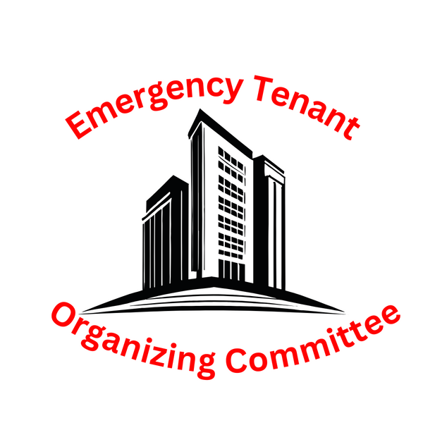 A black and white graphic of apartment buildings with the words "Emergency Tenant Organizing Committee" in red