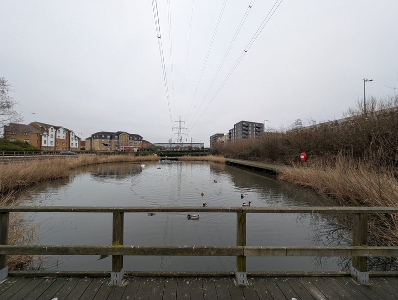 New housing arranged around a water feature with electric pylons above