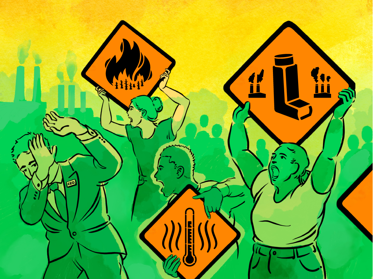 a poster design by look loud shows a crowd of green people holding orange signs with climate impacts on them confronting a fossil fuel CEO