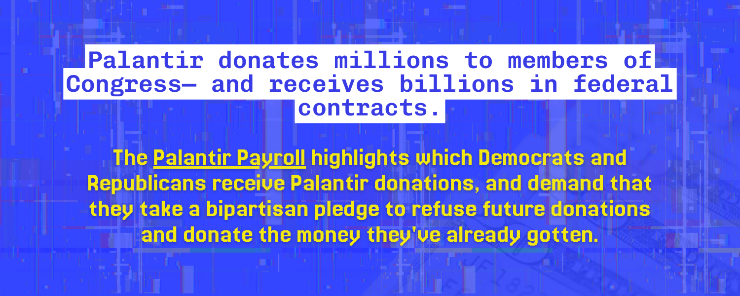 Bright blue background with Purge Palantir logo and The Payback Payroll Week of Action