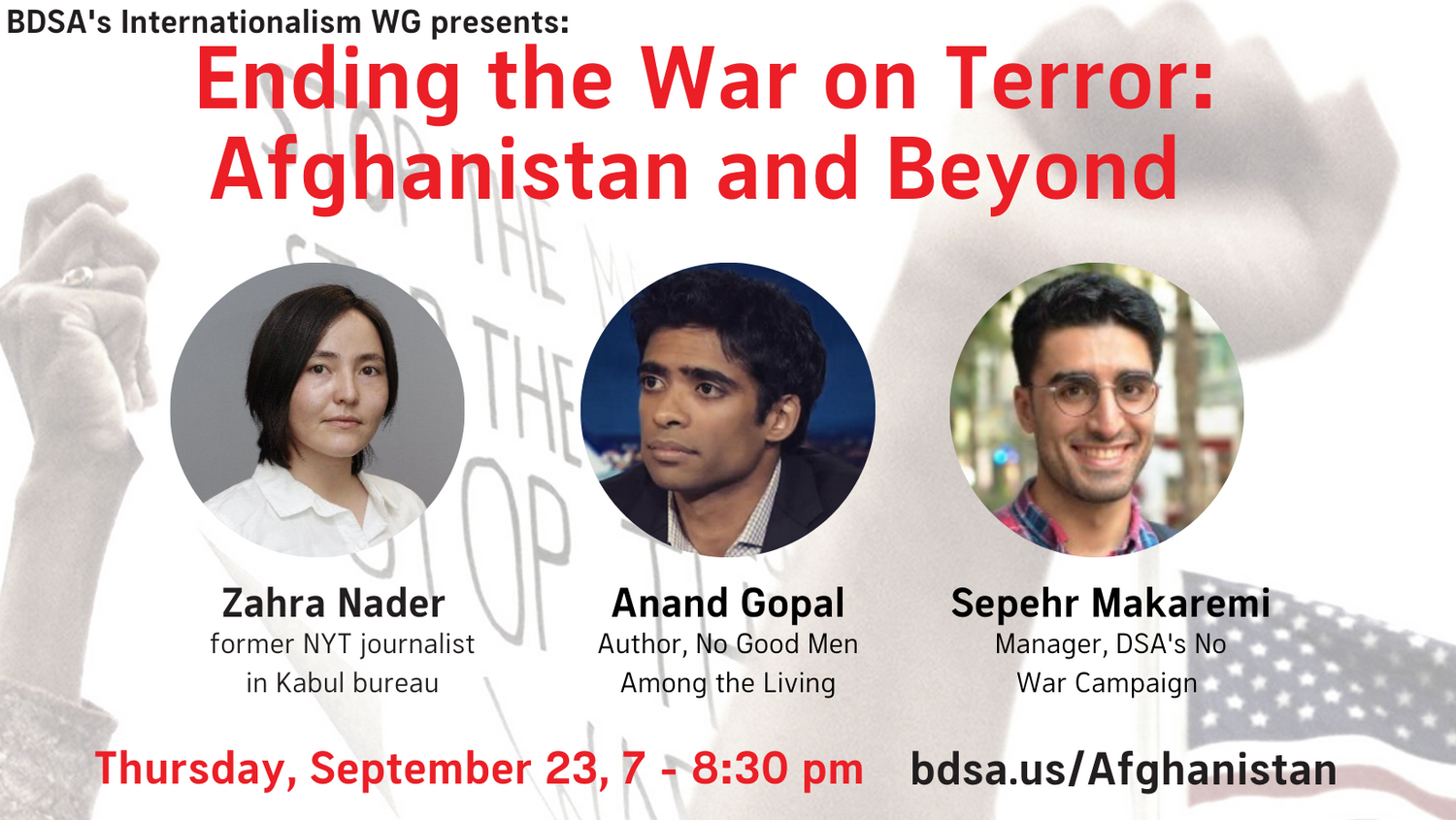 Image with event title and details. Circular photos of 3 guest speakers: Zahra Nader, Anand Gopal, and Sepehr Makaremi