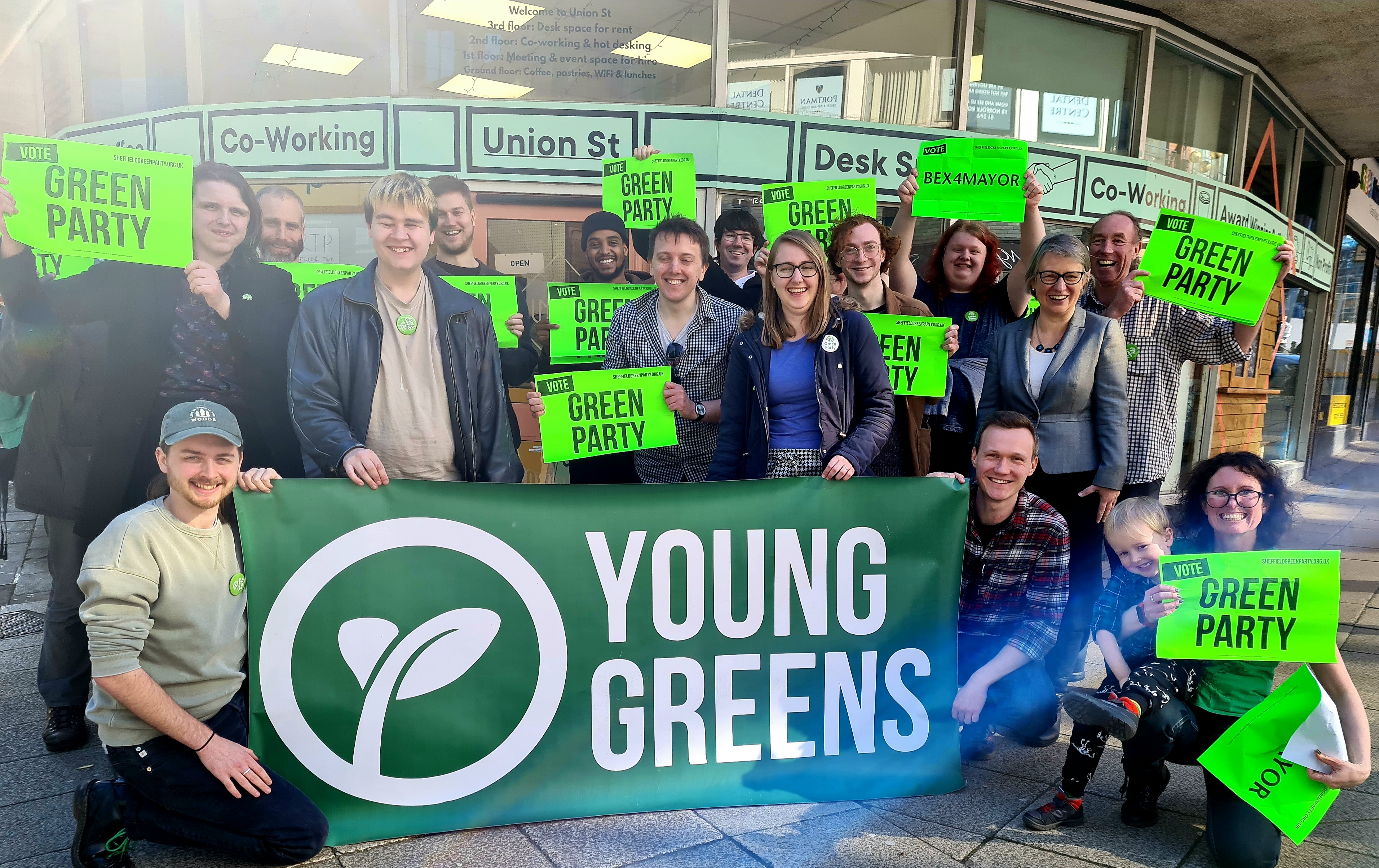 Photo of a group of Young Greens holding up banner in Sheffield