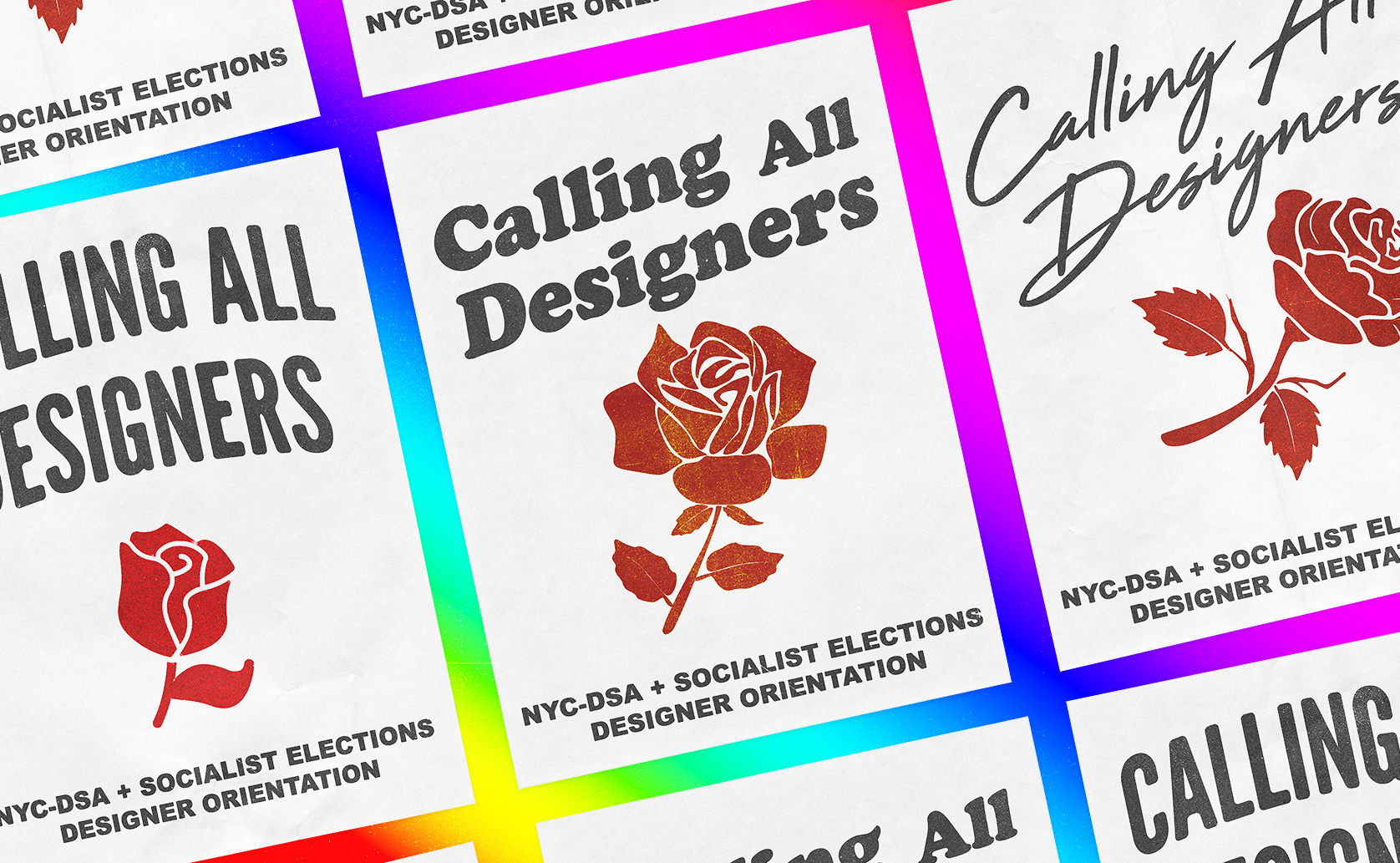 Graphic featuring a collection of posters that say "calling all designers"