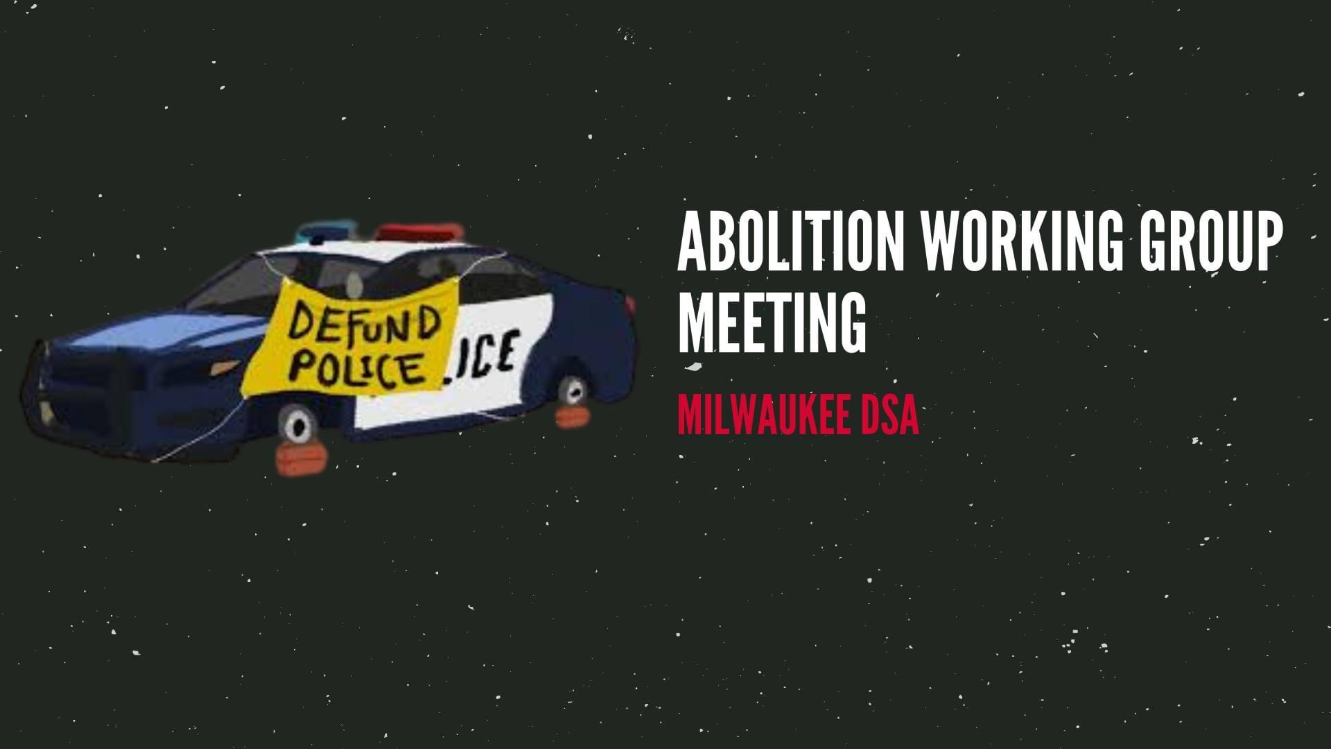 Illustration of police car on bricks with "defund police" banner