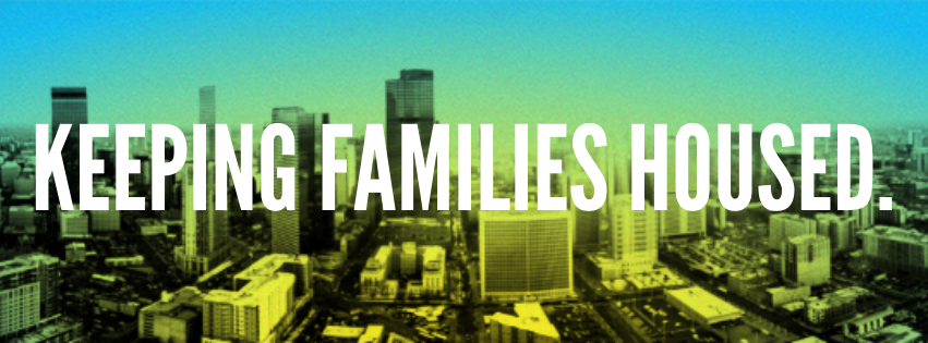 Skyline of Denver with the text "Keep Families Housed"