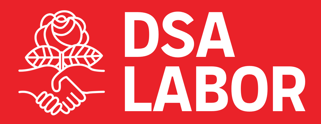 DSA Labor Logo, white text on red with rose and handshake