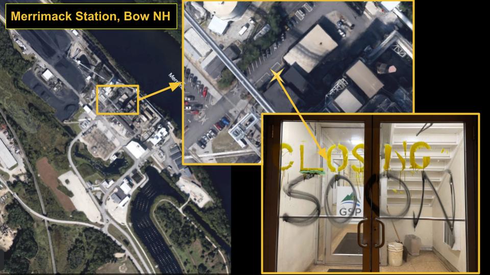 A map of Merrimack Station. A star at the front door location connects to an action photo of "closing soon" spraypainted on the doors.