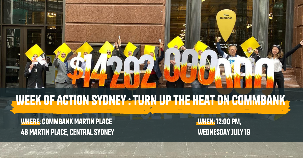 A group of activists hold up large numbers showing how much money CommBank lent to fossil fuels with event info overlayed