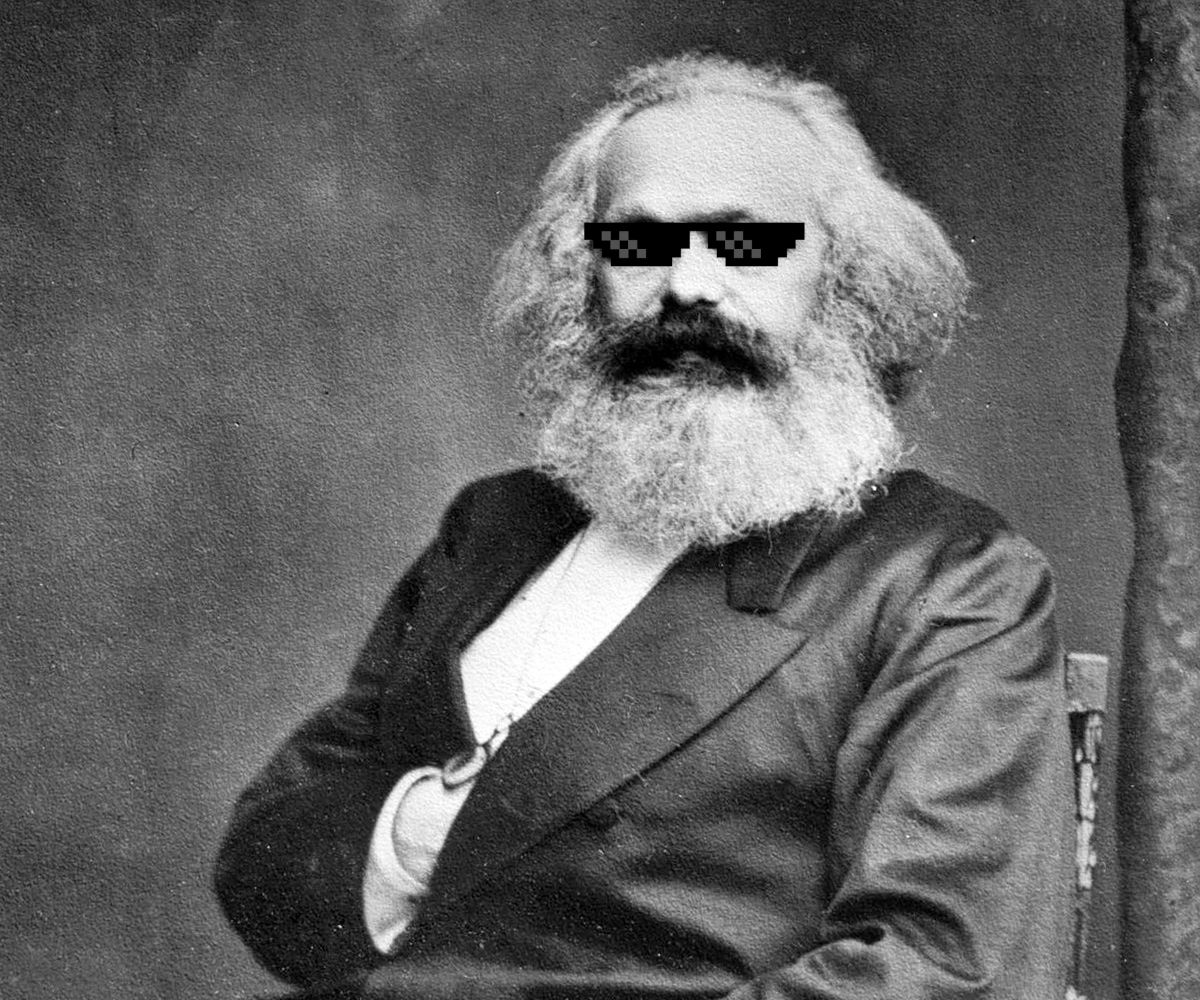 Photo of Karl Marx wearing pixel art sunglasses