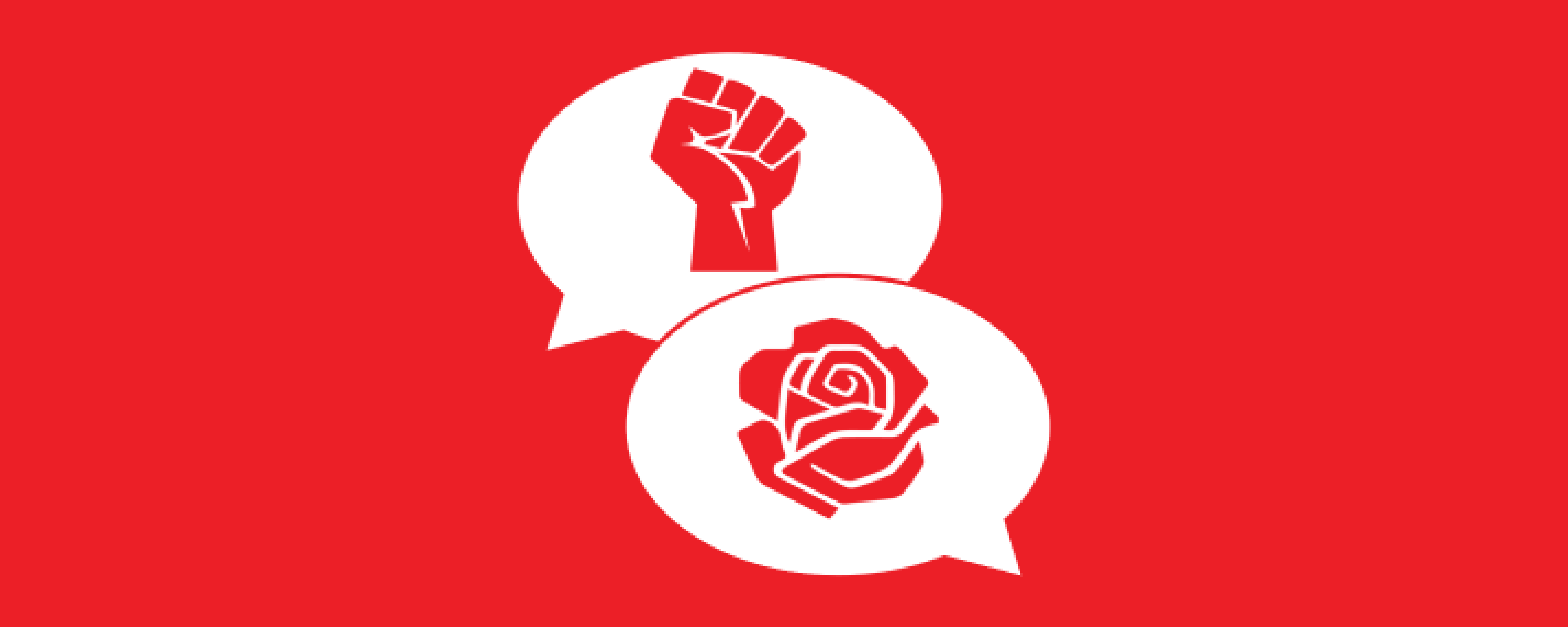 Illustration of speech bubbles with rose and fist inside on red background. 