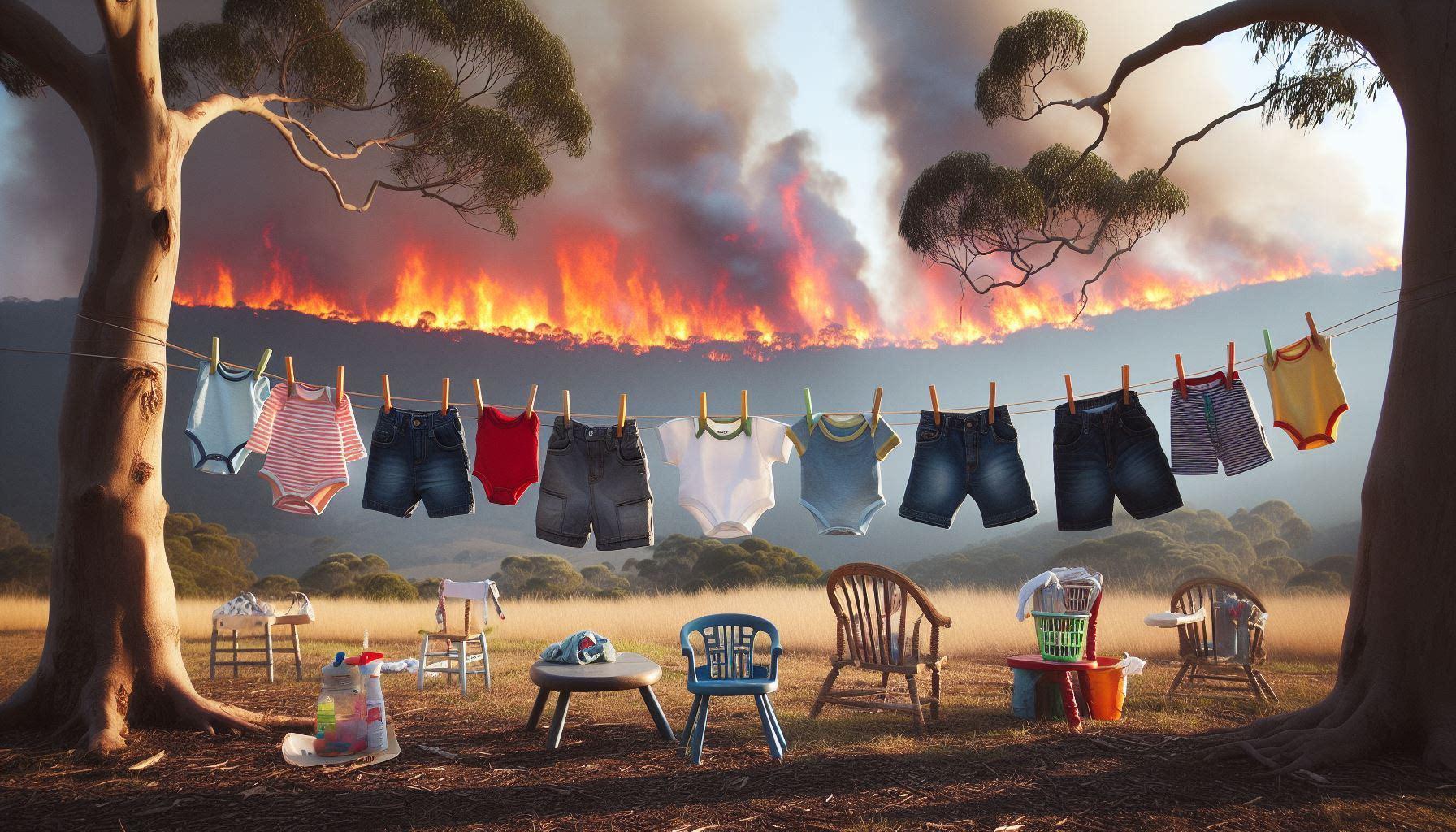 Children's clothes hang on a clothesline while a bushfire rages in the background