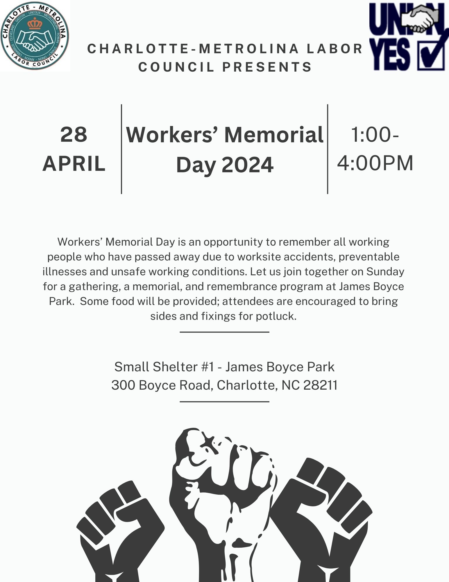 Flyer for Charlotte 2024 WMD Gathering + Potluck, being held at James Boyce Park on April 28th from 1:00pm-4:00pm