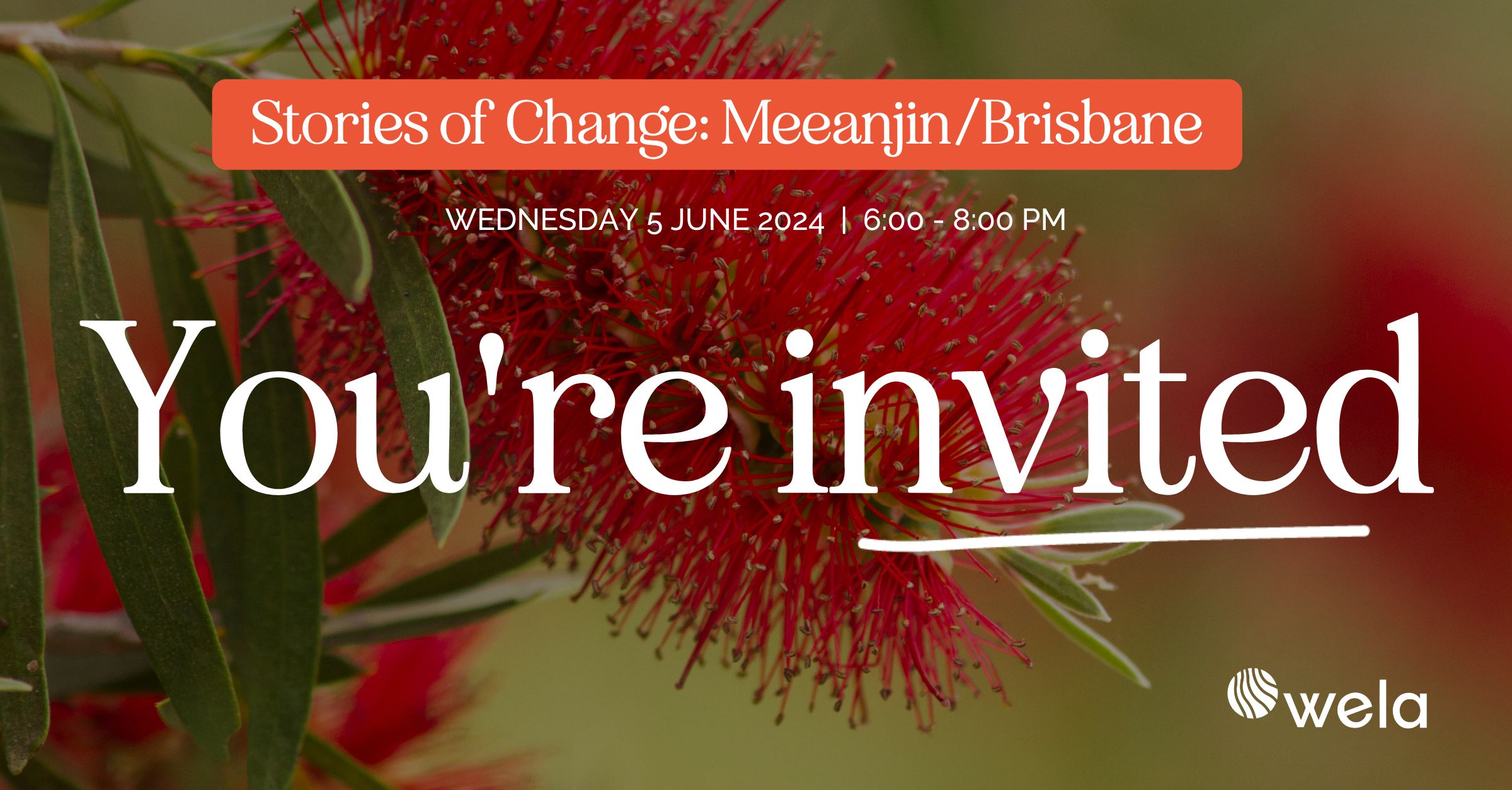 An image of an Australian bottlebrush flower with an overlay of text which reads 'Stories of Change: Meaanjin / Brsibane' with big text saying 'You're Invited'