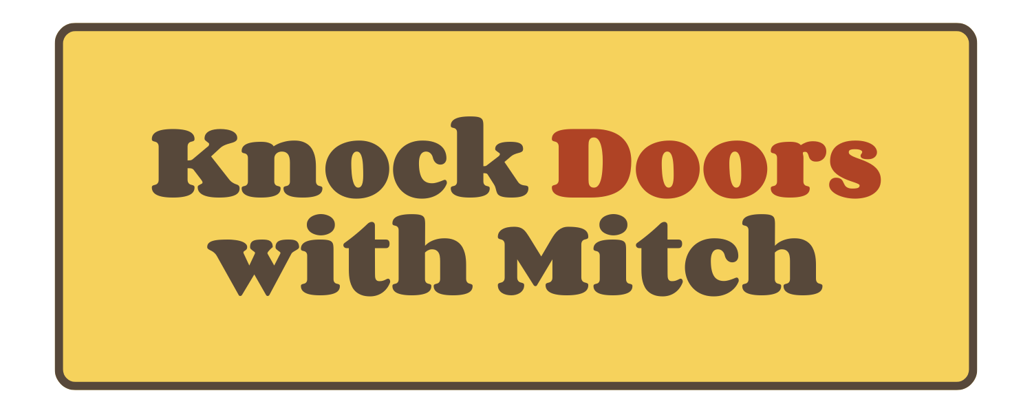 brown text on yellow background Knock Doors with Mitch