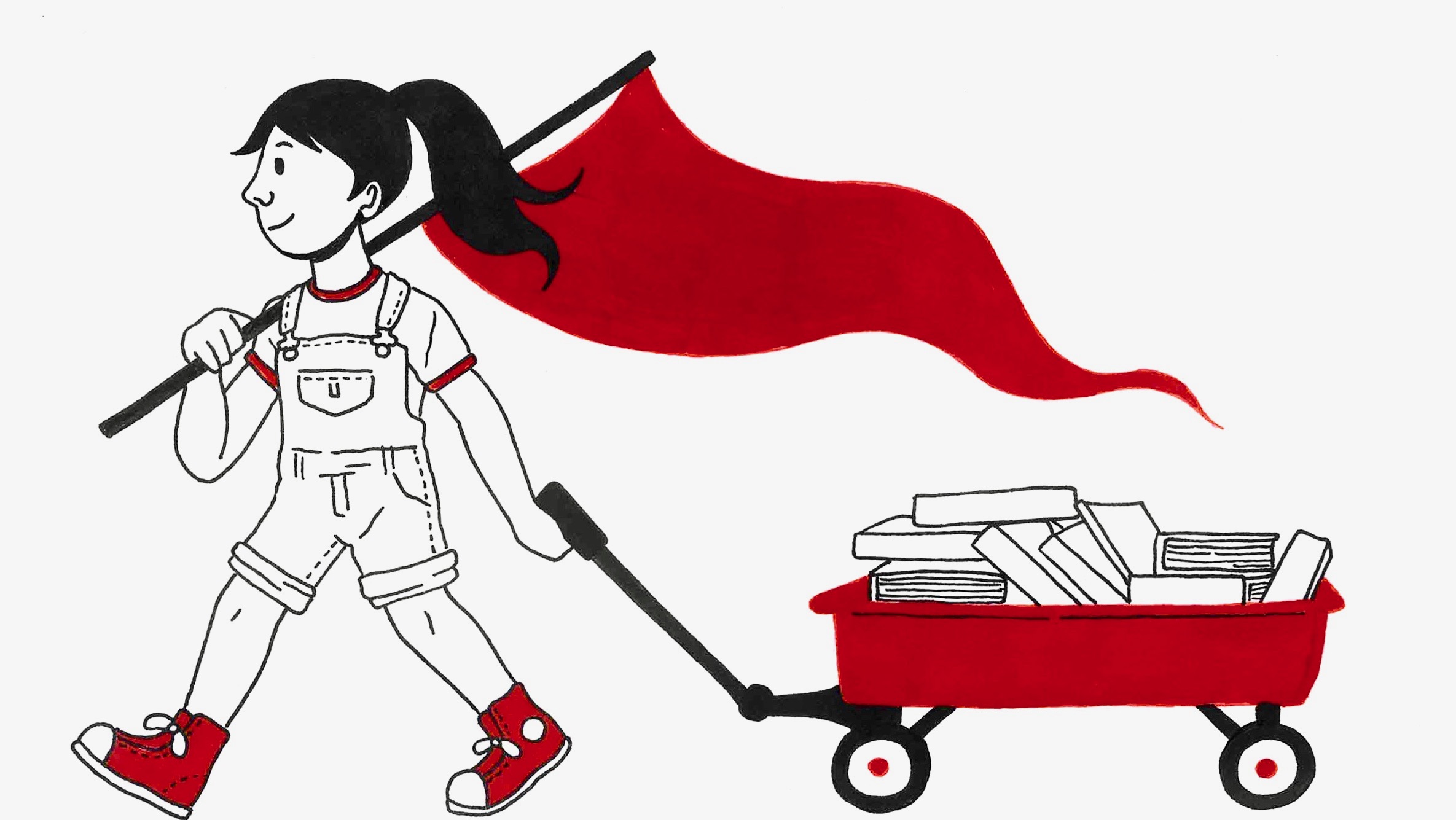 A young girl carrying a red flag, pulling a wagon full of books