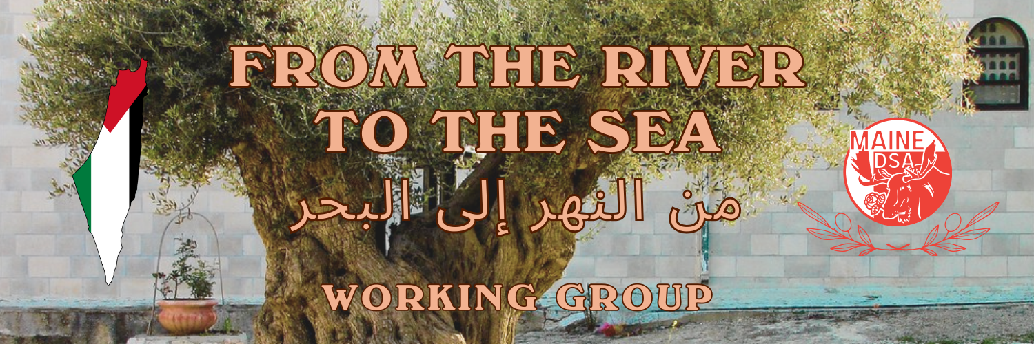 From the River to the Sea Working Group banner. On the left is a map of Palestine overlayed with the Palestinian flag and on the right is the Maine DSA logo with a moose's head holding a rose in its mouth. All of this is overlayed on a photo of an ancient Palestinian olive tree.