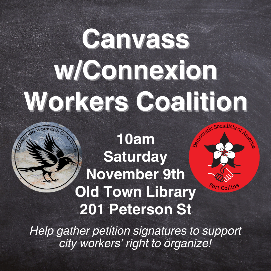 Canvass w/Connexion Workers Coalition 10am Saturday November 9th Old Town Library 201 Peterson St Help gather petition signatures in support of city workers' right to organize!