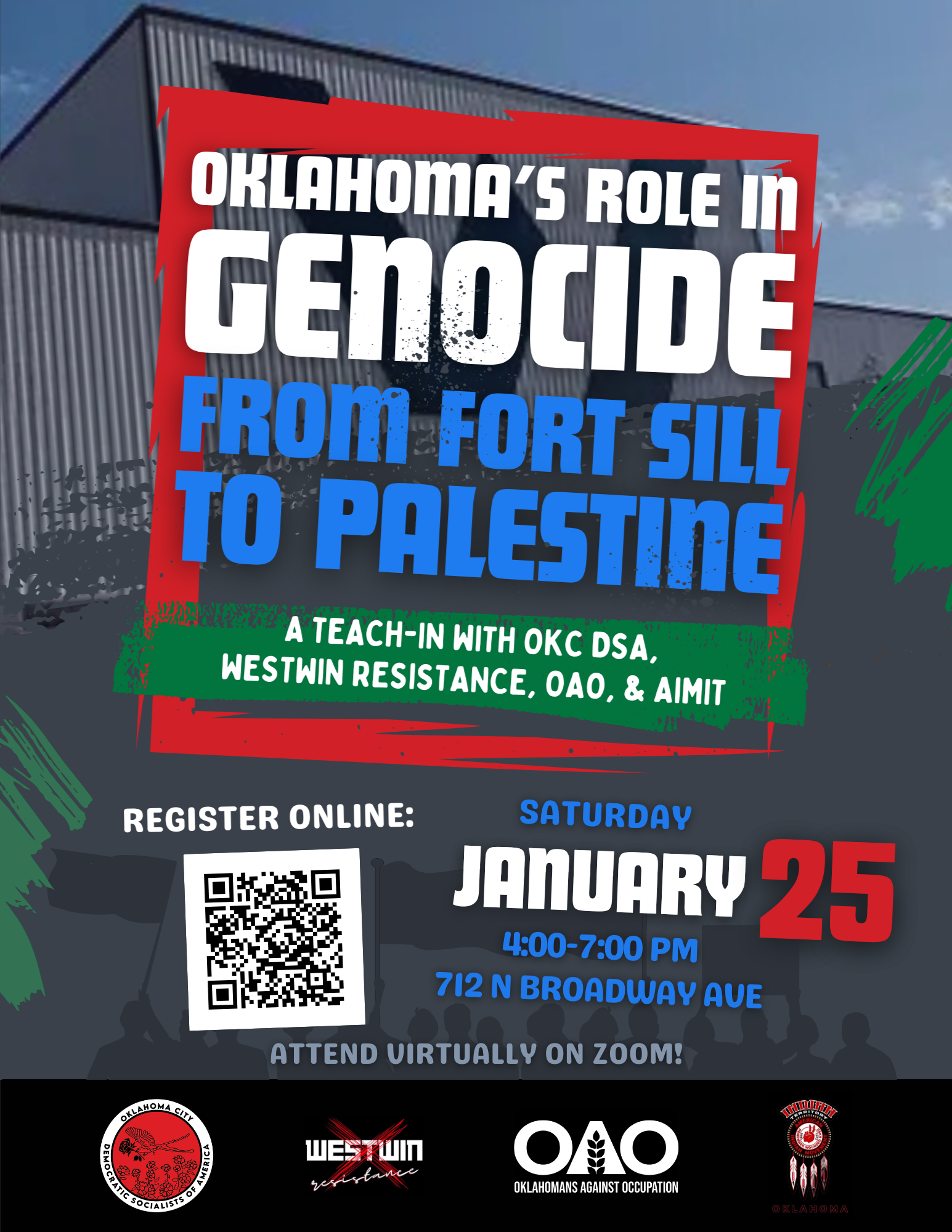 OKC DSA and partnering organizations are hosting a teach-in on green colonialism, from Palestine to Fort Sill. It's on January 25th, hosted at SoundBar, and there's a virtual option on Zoom. Join us!
