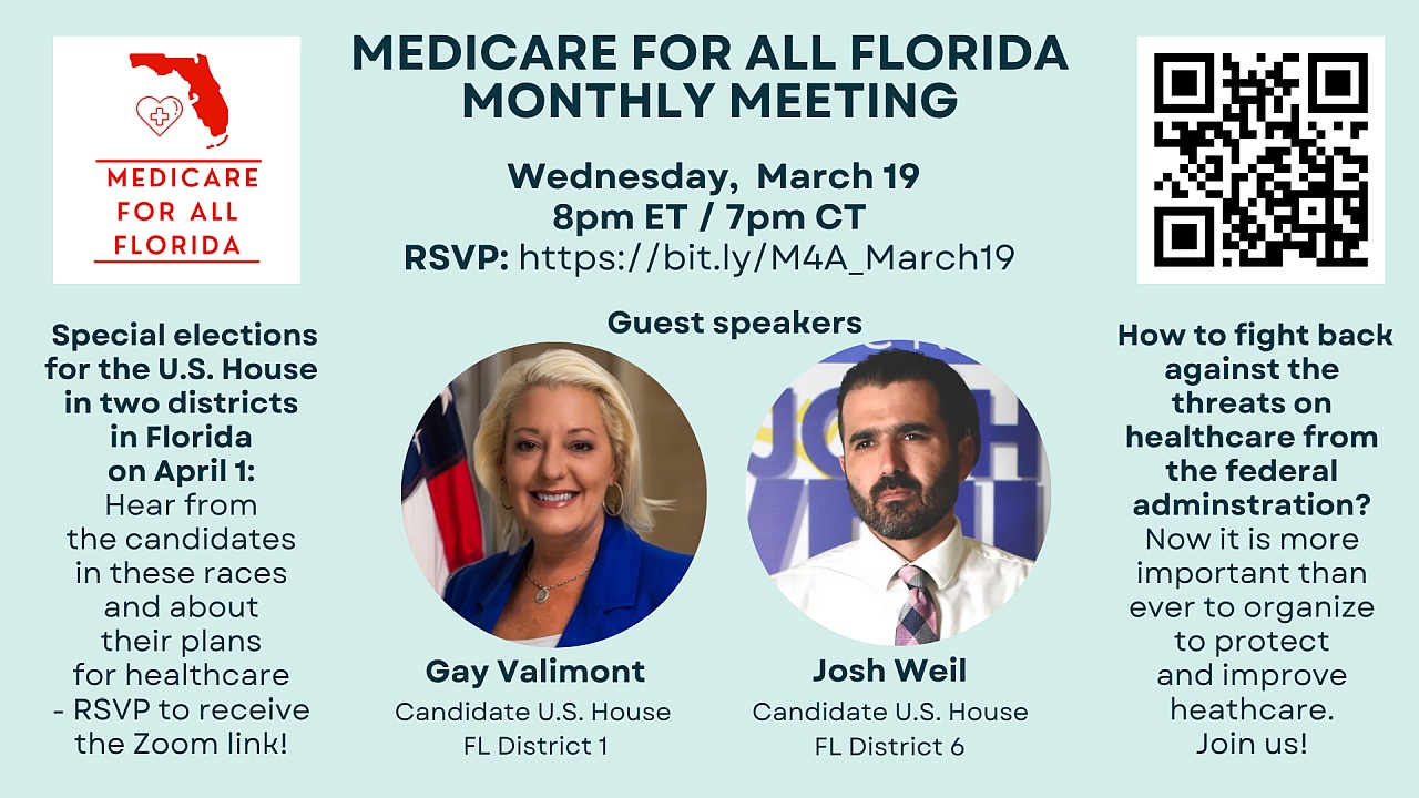 Event image for March 19 Medicare for All Florida monthly meeting with guest speakers
