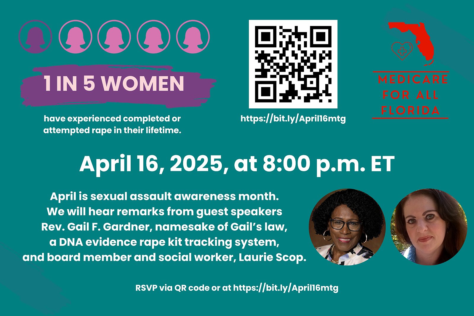 Event image for April 16 Medicare for All Florida monthly meeting with guest speakers