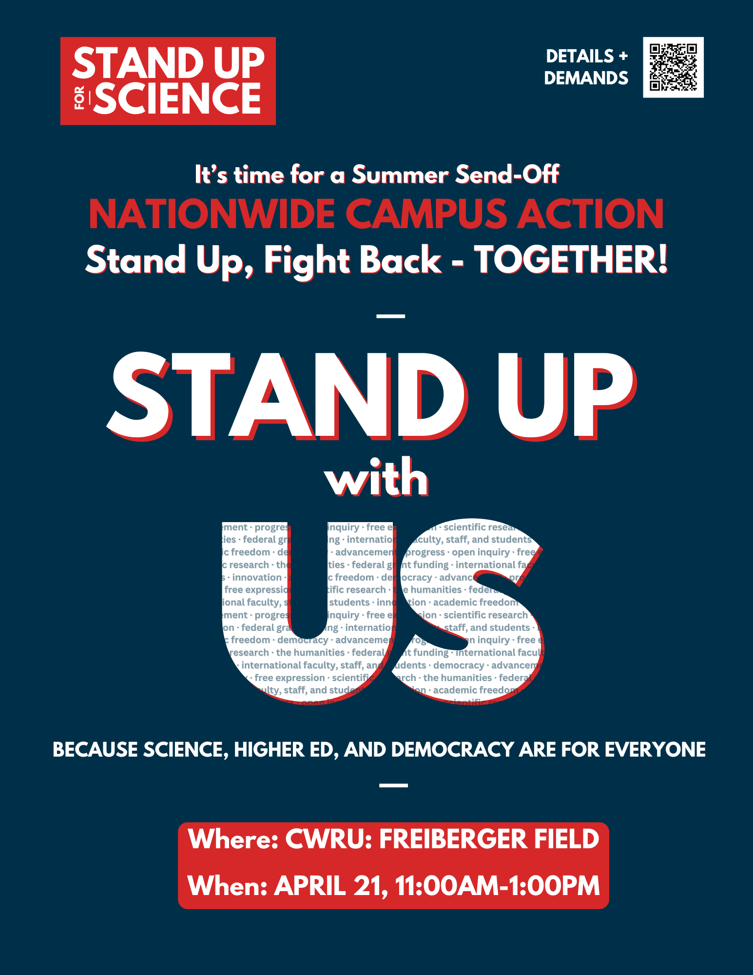 Large central text: Stand Up with Us! Subtitle: Because Science, Higher Ed, and Democracy are for Everyone