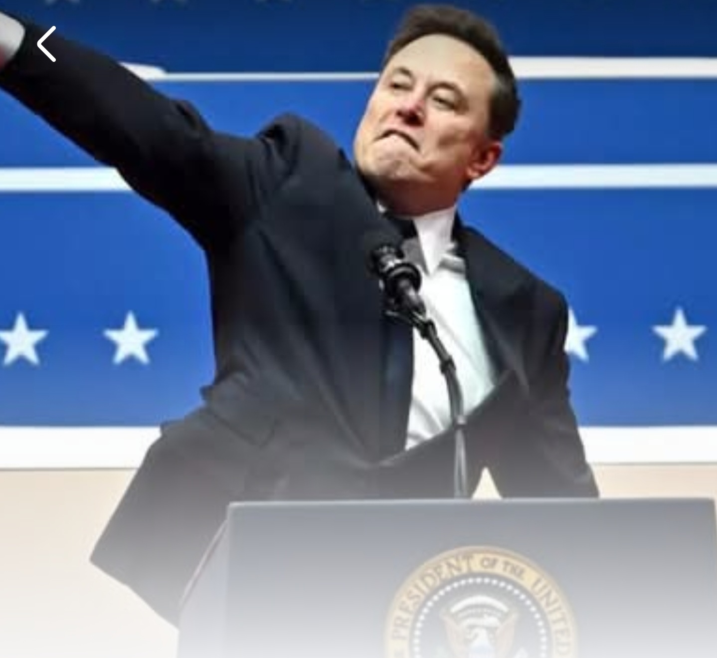 Image with blue background of Elon Musk making a "Roman Salute."