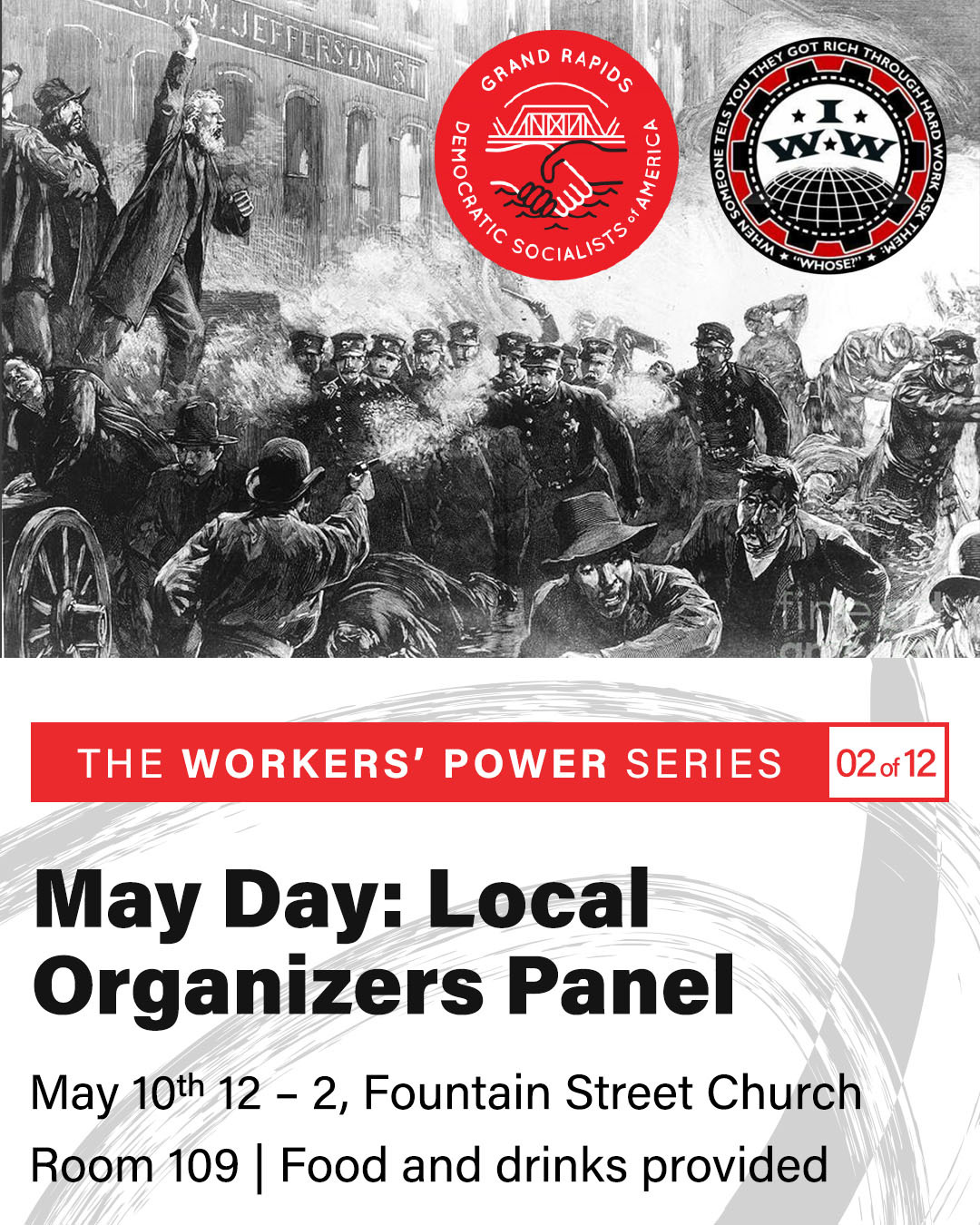flier image for May Day: Local Organizers Panel with an illustration of the Haymarket Affair