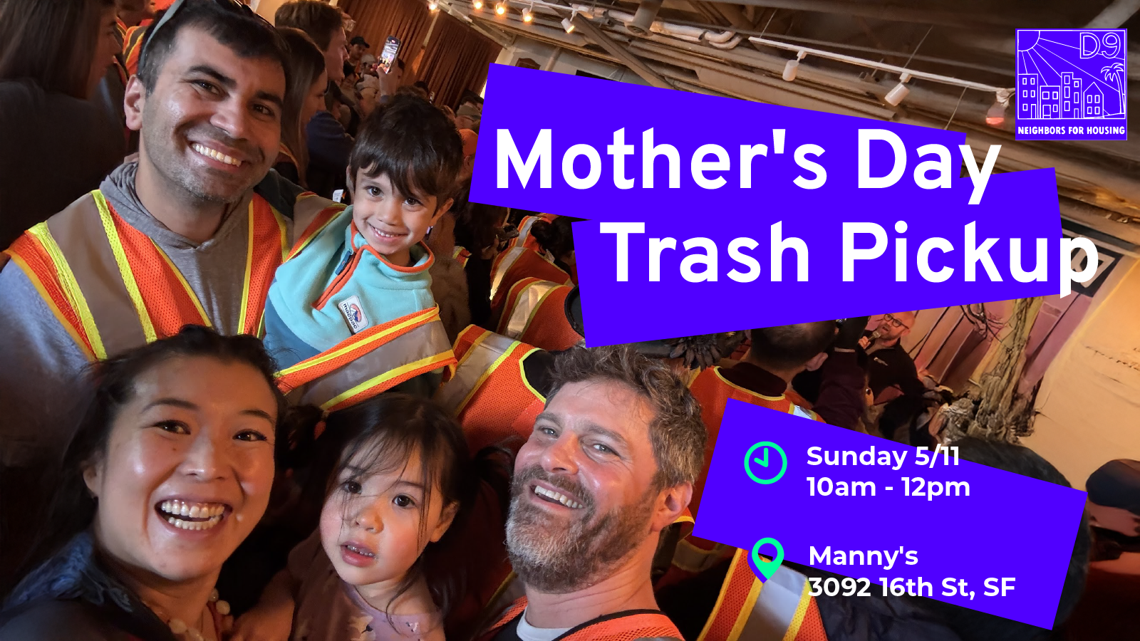 two young children and two adults picking up trash on a sidewalk