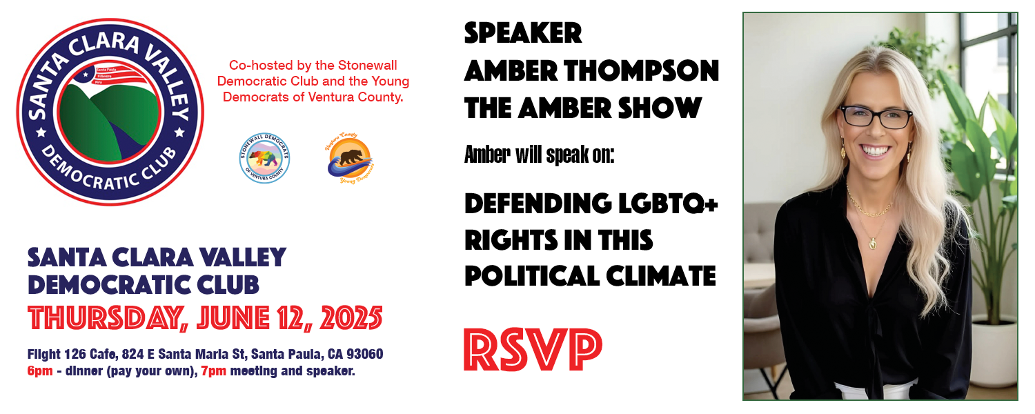 Header for Santa Clara Valley Democratic Club June 12, 2025 meeting with speaker Amber Thompson