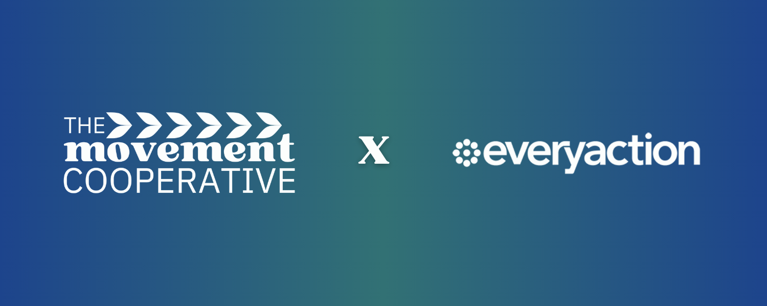 The Movement Cooperative and EveryAction white logos over a blue/dark teal gradient background