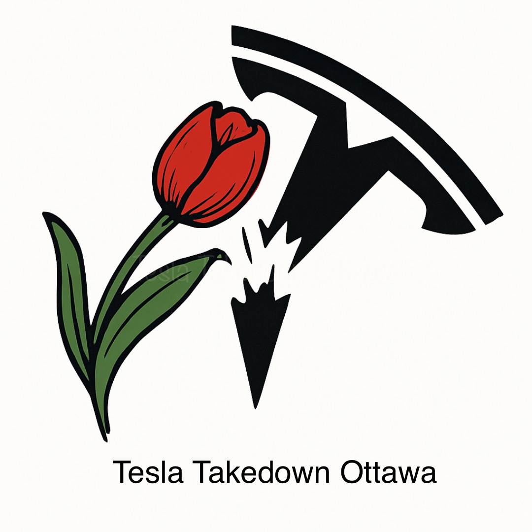 Image of a red tulip plant leaning to the right. It has one leaf extended to the right side with the tip bent over into a sharp point. The point is aimed at the stem of a Tesla logo. At the point the tulip leaves points to, the base of the Tesla logo is broken and the top of the logo appears to be falling over. 