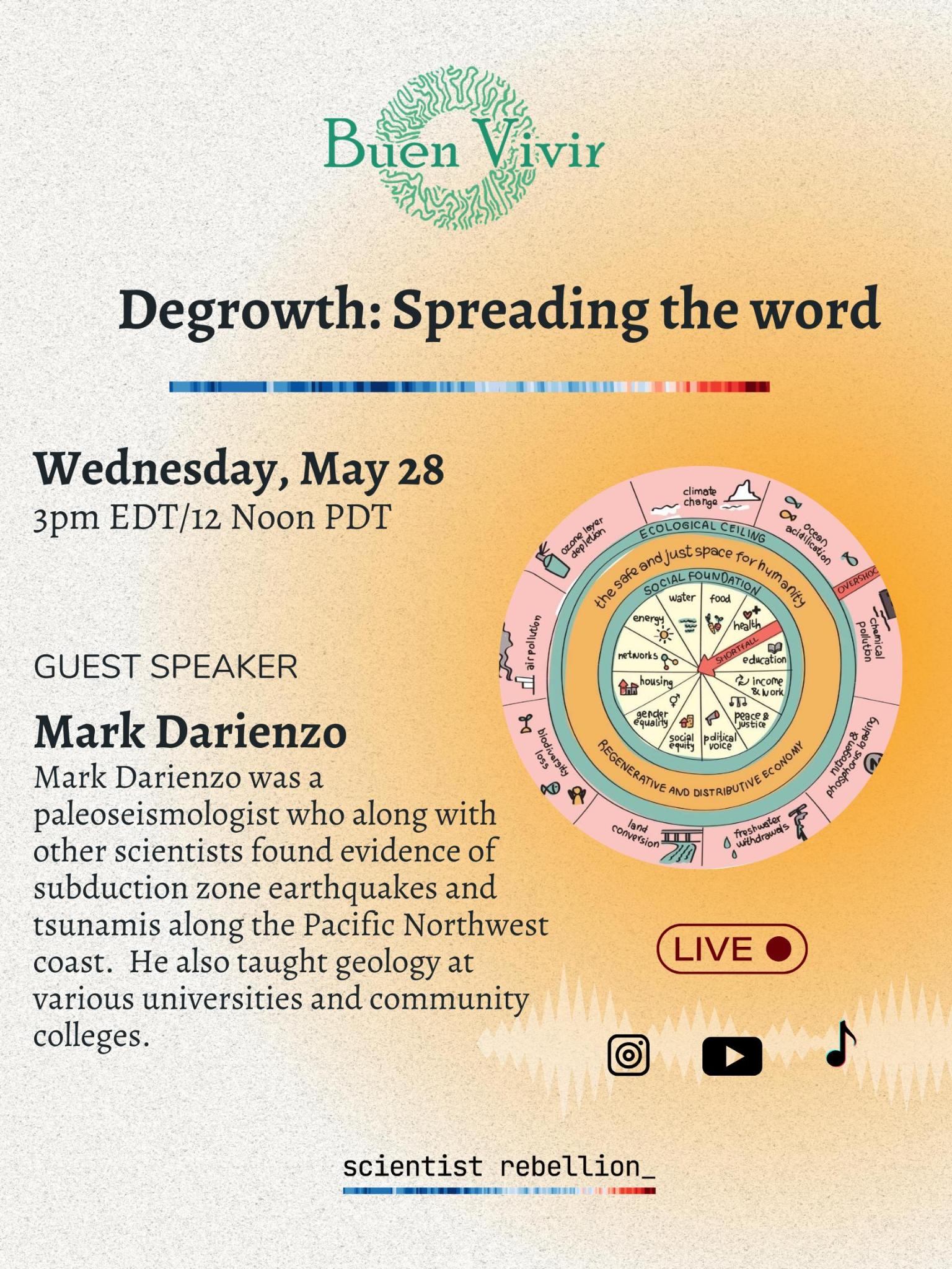 Degrowth: Spreading the word. Wednesday, May 28. 3pm EDT/noon PDT Guest Speaker - Mark Darienzo was a paleoseismologist who along with other scientists found evidence of subduction zone earthquakes and tsunamis along the Pacific Northwest coast.  He also taught geology at various universities and community colleges. His post academic/research career includes volunteering with 350pdx, Extinction Rebellion Portland,  Climate Jobs,  a committee of Portland Jobs with Justice, and Council 75 American Federation of State, County and Municipal Employees Environmental Caucus.
