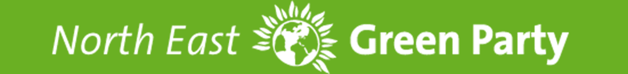 A green banner with white text reading "North East Green Party" and the logo of GPEW