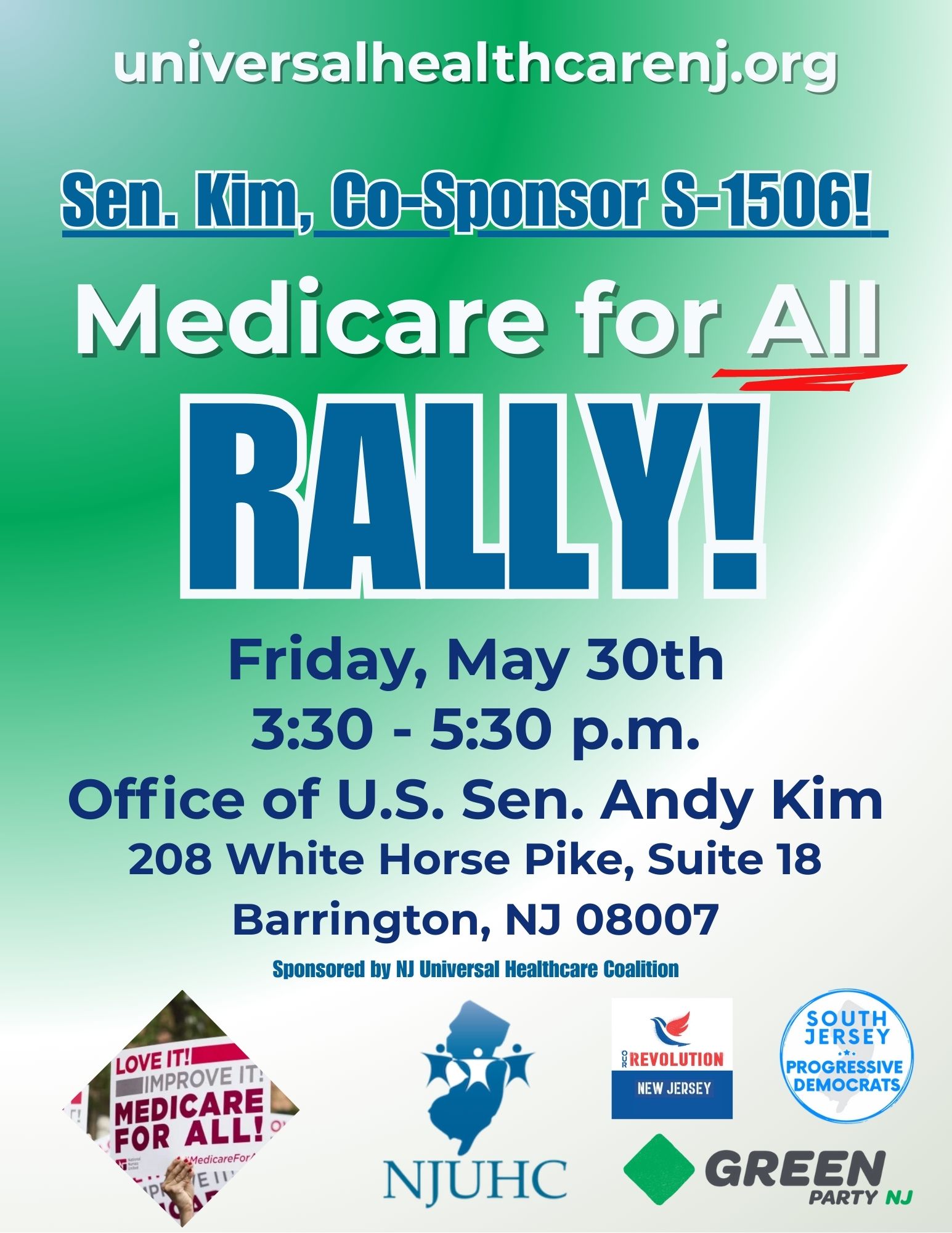 Sen Kim Medicare for All Rally May 30 2025 at Sen Kim's Barrington NJ office from 3:30-5:30 pm