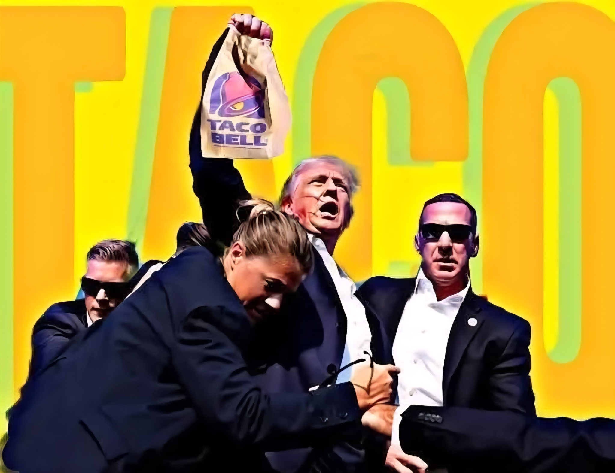 Trump holding up a brown paper bag from Taco Bell. Secret service surrounds him. The word TACO in orange fonts for background.
