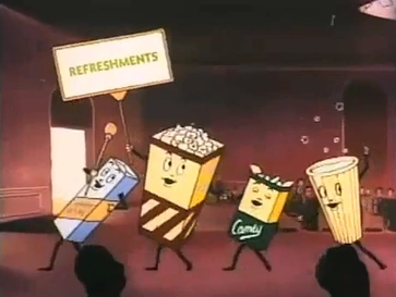 Cartoon of dancing anthropomorphized movie theater refreshments