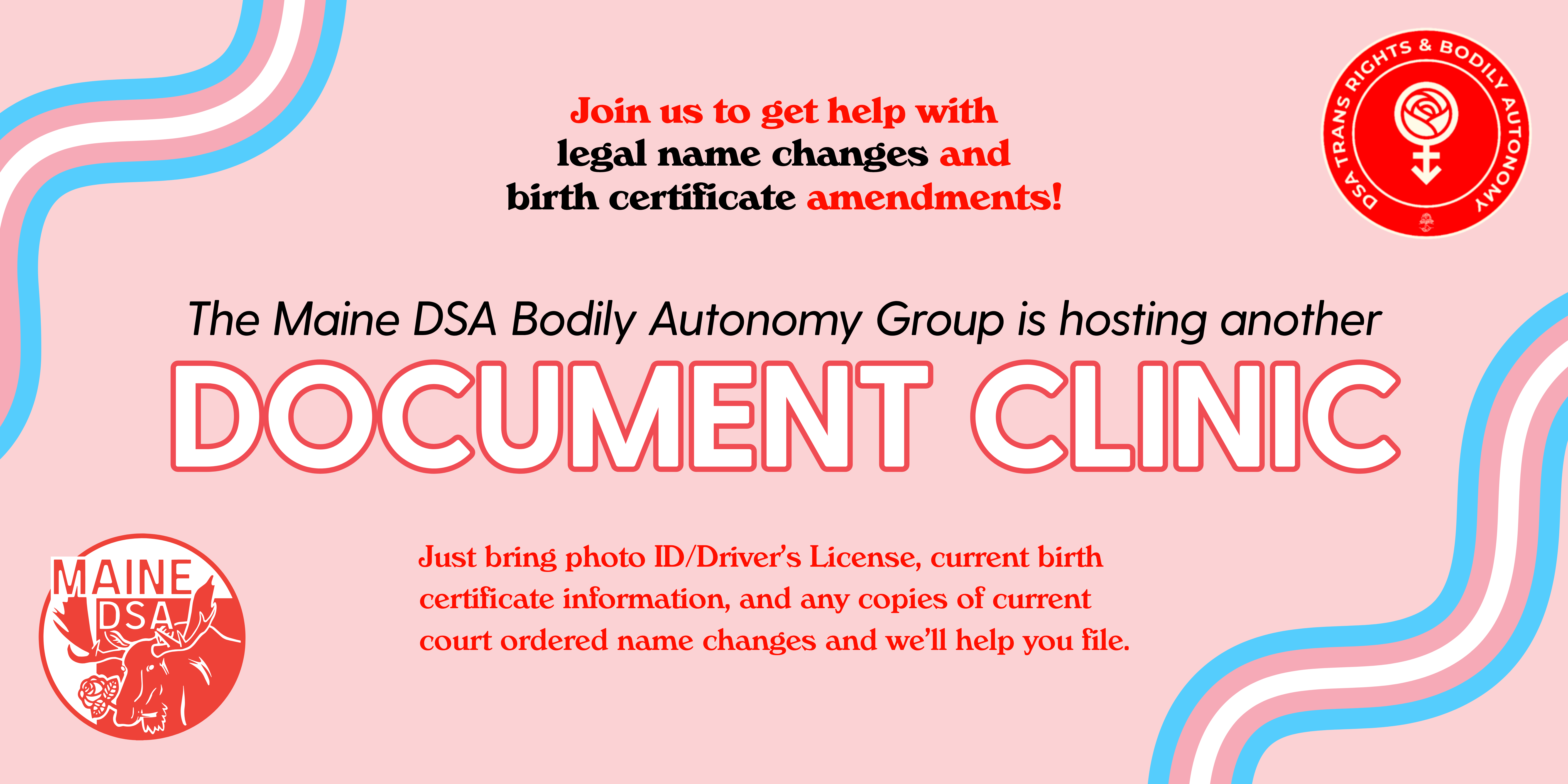 Banner with a pink background. There are two logos, one in the bottom left corner and one in the upper right corner. The bottom logo is the DSA logo, which is red and white and depicts a moose. The other logo is the Bodily Autonomy Working Group's, and it reads "DSA Trans Rights & Bodily Autonomy" with a rose and feminine gender symbol in the center. The text on the image announces the document clinic and includes the same information as the event description. There are ribbons in trans pride colors on the corners that do not have logos.