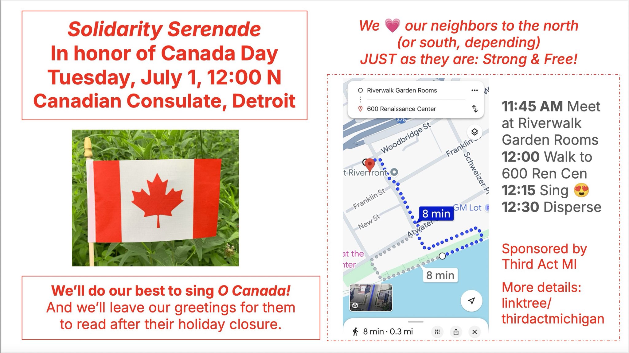 Digital flier with map of meeting point and walk to the Canadian consulate