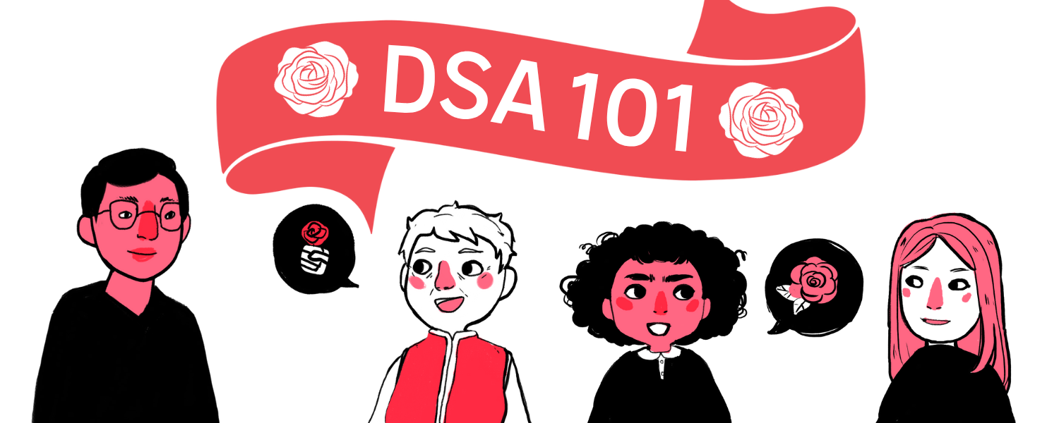 White background, red tint banner that reads, "DSA 101". Graphics of roses and aesthetic characters talking to each other with roses in the speech bubbles.