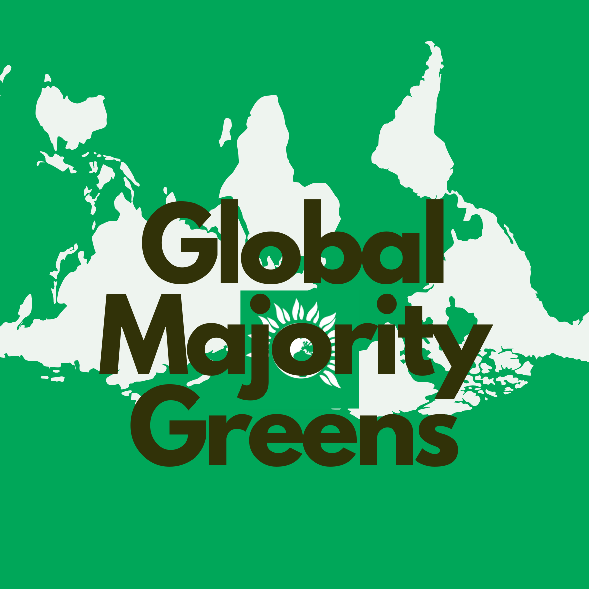 Global Majority Greens logo, a globe projection on green with South upwards. 