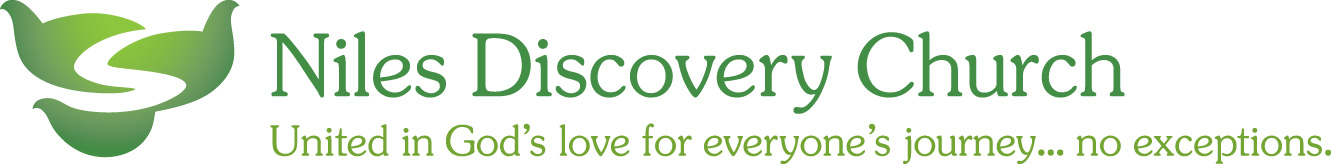 The logo of Niles Discovery Church, which shows three birds in flight, though the space between them looks like a path going over some hills. The church's tagline is included, "United in God's love for everyone's journey ... no exceptions."