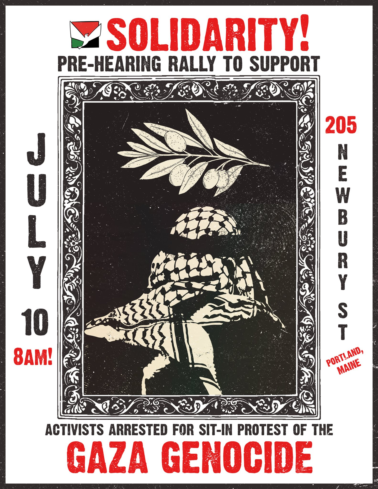 The poster features a central image within an ornate, floral border. The main visual elements within this border are an olive branch with olives at the top, and (below it) a depiction of a person from behind wearing a keffiyeh, a traditional Arab headdress.