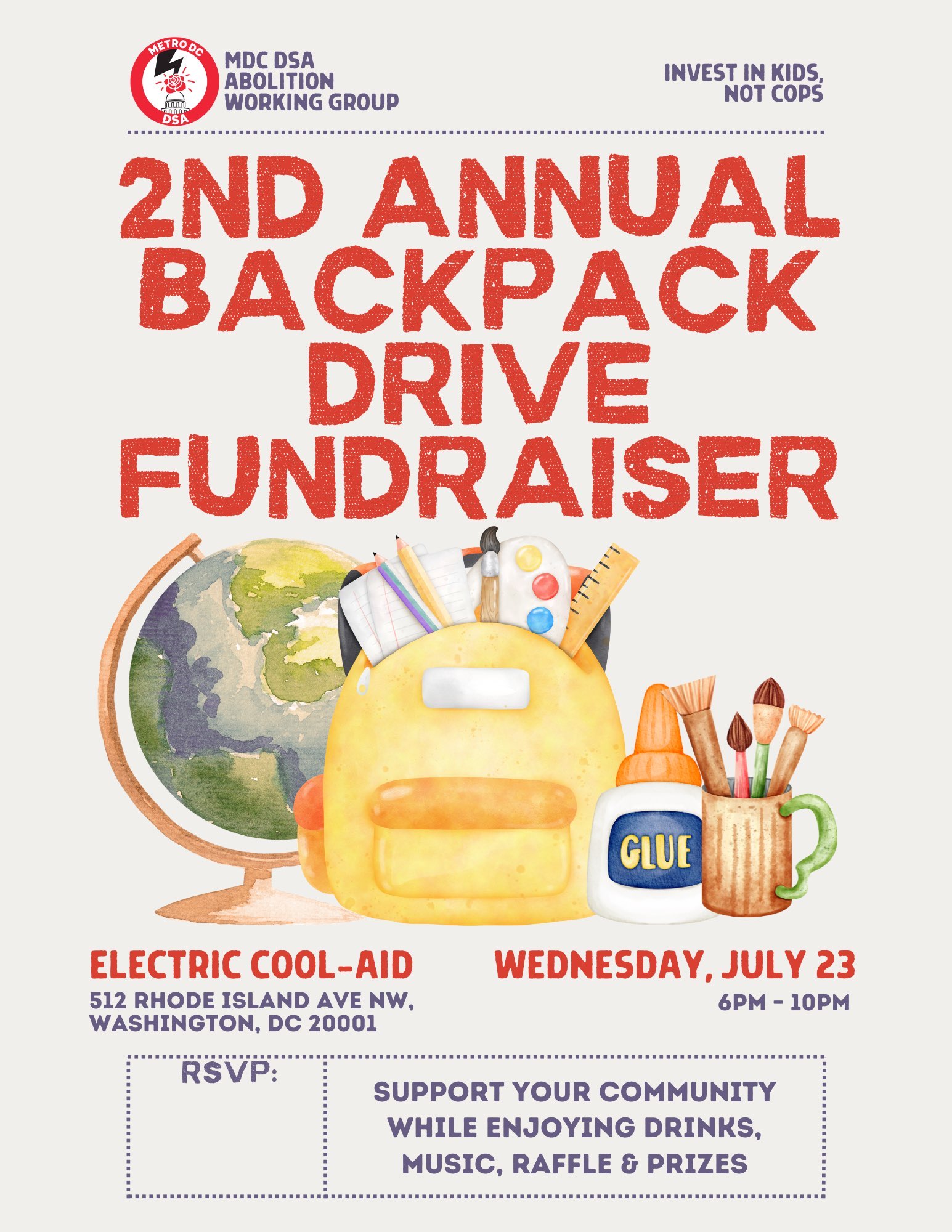 A flyer showing event details and graphics of school supplies