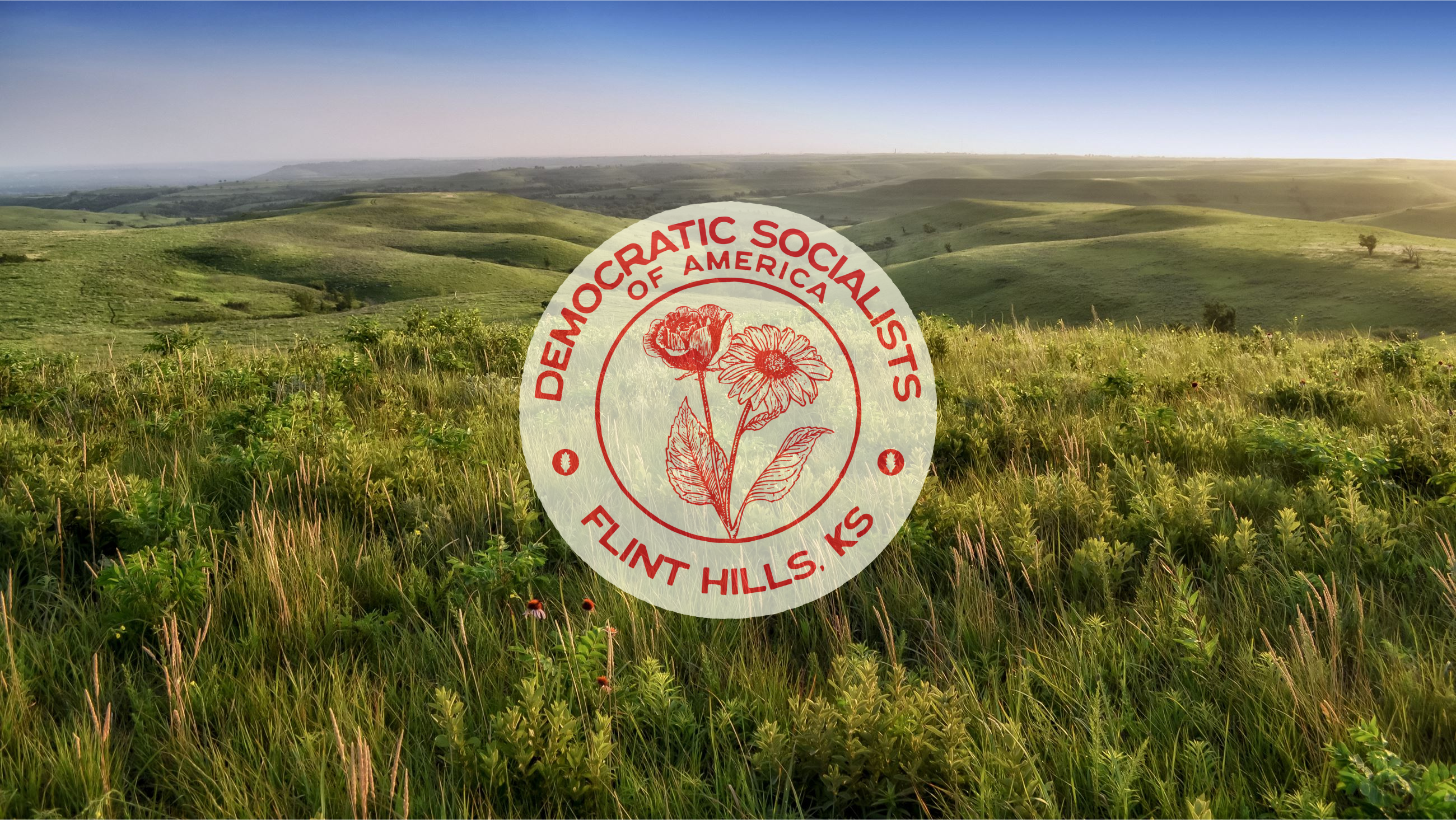 Transparent cream Flint Hills Chapter logo overlaying green rolling hills.